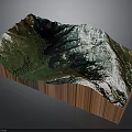 3D Terrain Model With Wooden Base And Mountainous Landscape Green Vegetation White Peaks