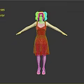 Character In Red Dress Pink Blue Pigtails White Skin Red Shoes Arms Outstretched Gray Background