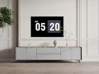 Modern TV Stand Design With Digital TV Screen Green Plants And Minimalist White Wall 3d model