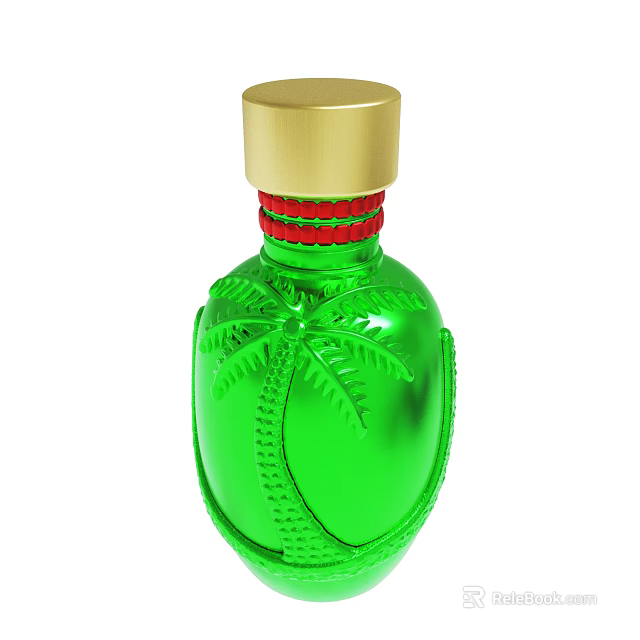 Green Decorative Bottle With Gold Cap Palm Tree Carving And Red Ribbon 3d model 
