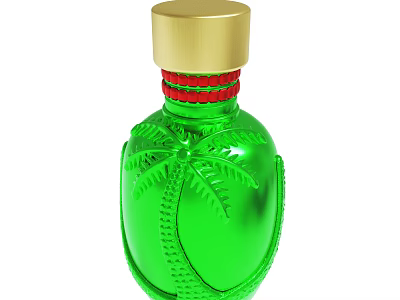 Green Decorative Bottle With Gold Cap Palm Tree Carving And Red Ribbon 3d model