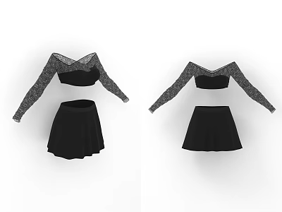 Two Piece Black Outfit With Off Shoulder Mesh Long Sleeve Top And Flare Skirt 3d model