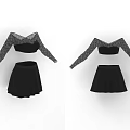 Two Piece Black Outfit With Off Shoulder Mesh Long Sleeve Top And Flare Skirt