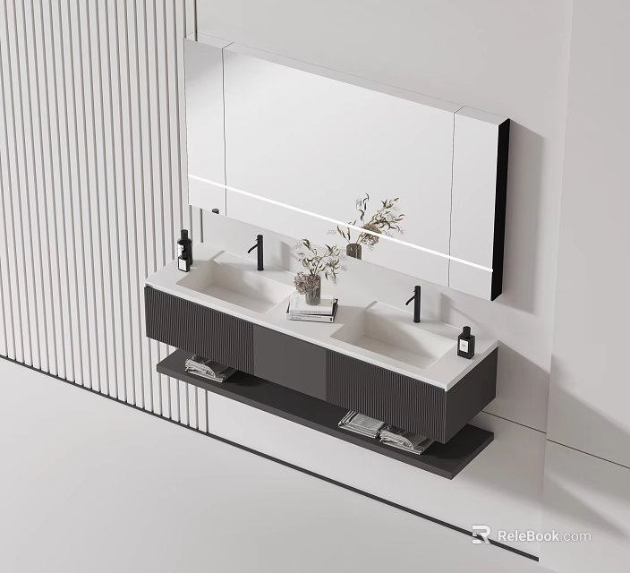 Minimalist Modern Bathroom Double Washbasin With Wall Mounted Cabinet Mirror And Decorative Plants 3d model 