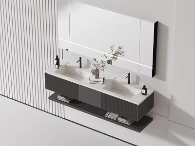 Minimalist Modern Bathroom Double Washbasin With Wall Mounted Cabinet Mirror And Decorative Plants 3d model