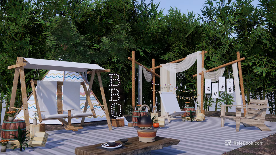 Outdoor Photo Check In Spot With Tent Swing BBQ Sign Lanterns And Striped Floor 3d model 