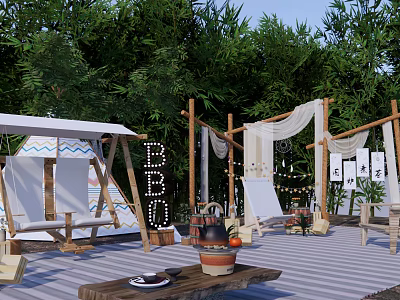 Outdoor Photo Check In Spot With Tent Swing BBQ Sign Lanterns And Striped Floor 3d model