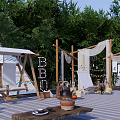 Outdoor Photo Check In Spot With Tent Swing BBQ Sign Lanterns And Striped Floor