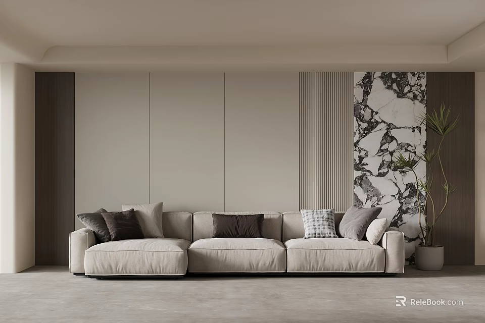 Beige Sofa With Throw Pillows Against Textured Background Wall And Decorative Pattern 3d model 