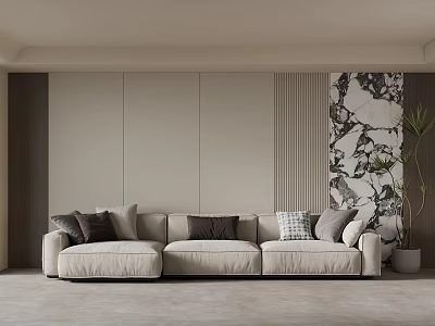 Beige Sofa With Throw Pillows Against Textured Background Wall And Decorative Pattern 3d model
