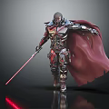 Game Movie Character in Armored Suit With Red Cape and Red Lightsaber Standing Pose