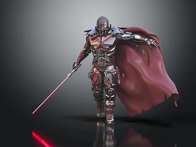 Game Movie Character in Armored Suit With Red Cape and Red Lightsaber Standing Pose 3d model