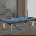 Modern Recreation Room With Blue Billiard Table Cue Rack Transparent Legs And Gray Rug
