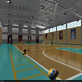 Indoor Basketball Court With Green Purple Walls Multiple Hoops Wooden Benches And Banners