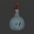 Decorative Transparent Bottle With Red Lid Blue Liquid White Flowers Green Leaves And Colorful Beads