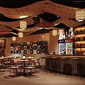 Traditional Japanese Bar Interior With Decorative Canopies Lanterns Calligraphy And Wine Shelves