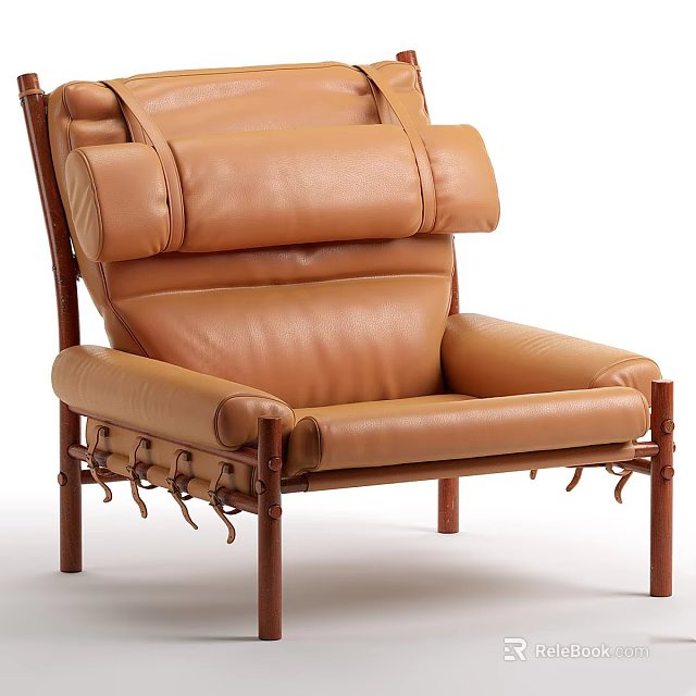 Brown Leather Leisure Chair with Comfortable Padded Backrest and Sturdy Wooden Support Legs 3d model 