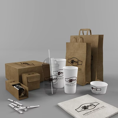 Disposable Paper And Clear Plastic Cups With Kraft Bags Boxes For Coffee Shop Beverage Use 3d model