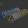 Detailed 3D Render of Two Metal Cylindrical Weapon Parts with Spiral Grooves and End Holes