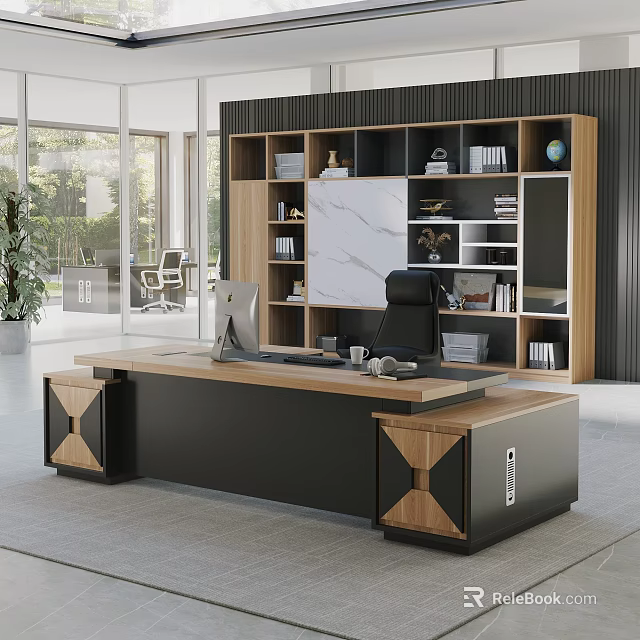 Modern Executive Office Desk With Wooden Accents Black Frame And Bookshelf With Books Globe Decorations 3d model 