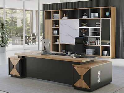 Modern Executive Office Desk With Wooden Accents Black Frame And Bookshelf With Books Globe Decorations 3d model