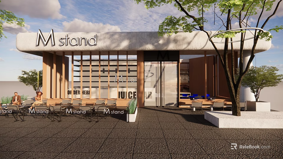 M Stand Modern Storefront With Wooden Grille Windows And Outdoor Seating 3d model 