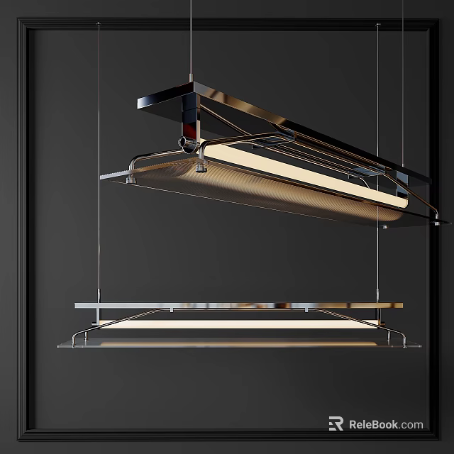 Modern Linear Chandelier With Metal Frame Suspended In Contemporary Interior With Warm Lighting 3d model 