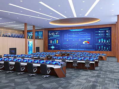 Modern Control Room with Multiple Monitoring Screens Control Consoles and Central Data Display Dashboard 3d model