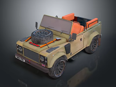 Khaki Colored Open Top Military Vehicle With Spare Tire And Orange Seats 3d model