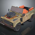 Khaki Colored Open Top Military Vehicle With Spare Tire And Orange Seats
