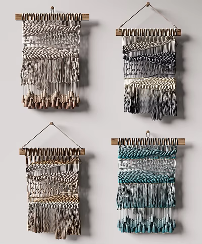 Decorative Woven Wall Hangings With Different Textured Patterns And Tassels 3d model