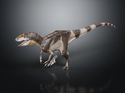 Striped Dinosaur Figure With Orange Crested Head Open Mouth Standing On Dark Background With Reflection 3d model