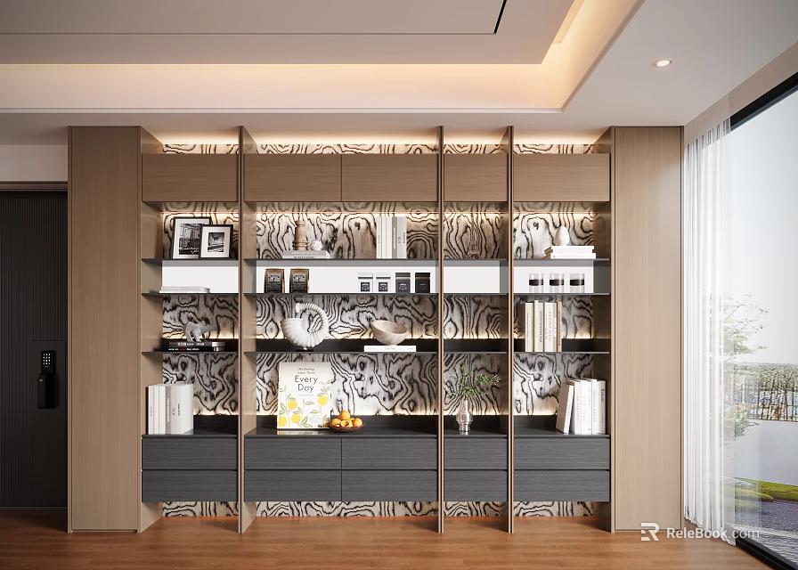 Modern Elegant Decorative Cabinet Interior With Display Shelves And Decorative Items Books Vase 3d model 