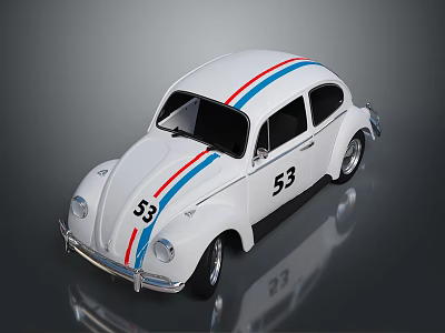 White Classic Beetle Car With Red And Blue Stripes And Number 53 3d model