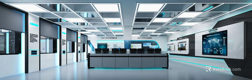Modern High Tech Monitoring Room With Control Desk Multiple Screens And Data Monitoring Equipment 3d model 