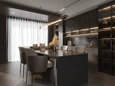 Modern Restaurant Interior Featuring Dark Dining Table Chairs Cabinets And Ambient Lighting 3d model
