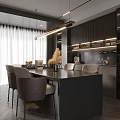 Modern Restaurant Interior Featuring Dark Dining Table Chairs Cabinets And Ambient Lighting 3d model