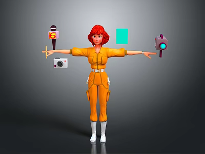 Red Haired Character With Extended Arms Orange Jumpsuit Microphone Camera Green Square Purple Device 3d model