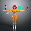 Red Haired Character With Extended Arms Orange Jumpsuit Microphone Camera Green Square Purple Device