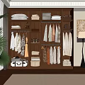 Wooden Wardrobe With Multiple Storage Compartments Hanging Clothes Folded Quilts Boxes And Baskets