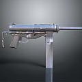 Silver Machine Gun With Long Barrel Stand And Metallic Texture On Grey Gradient Reflective Background 3d model