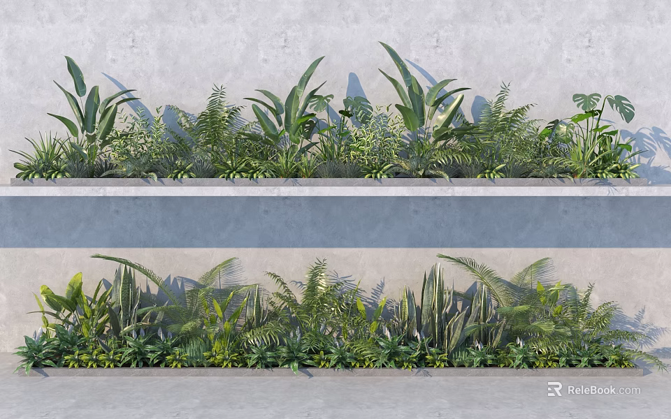 Various Green Plants Growing in Two Layer Gray Concrete Wall Planters 3d model