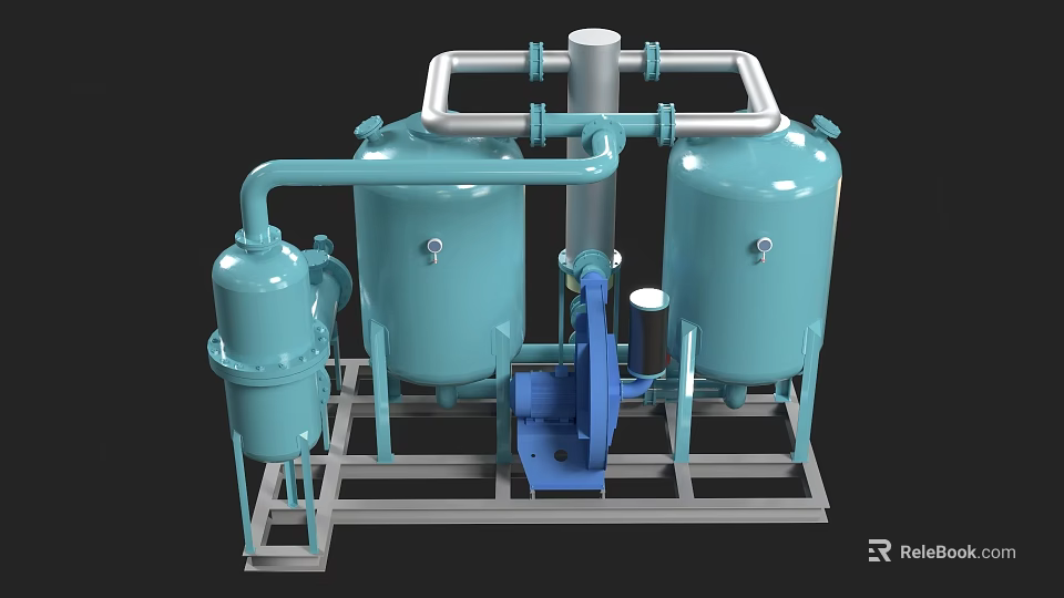 Industrial Processing Equipment With Blue Tanks Pipes Pump And Metal Frame 3d model 