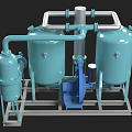 Industrial Processing Equipment With Blue Tanks Pipes Pump And Metal Frame