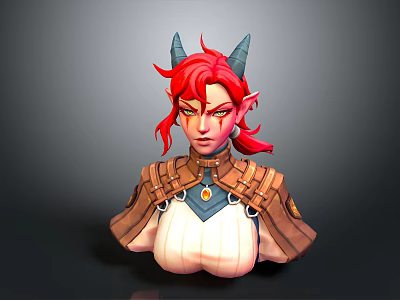Fantasy Female Game Character Bust With Red Hair Horns And Shoulder Armor Design 3d model