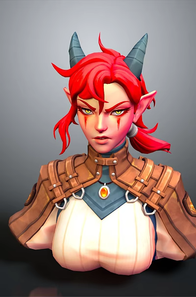 Fantasy Female Game Character Bust With Red Hair Horns And Shoulder Armor Design 3d model