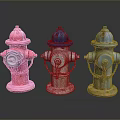 Colorful Fire Hydrants Display With Red White Blue Bodies And Metal Chains