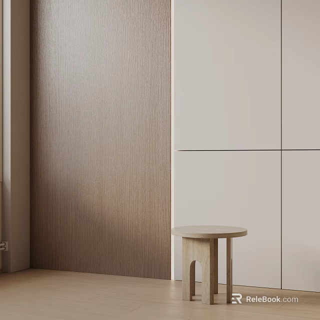 Wooden Side Table With Minimalist Design Round Top By Light Wood Wall And Beige Cabinets 3d model 