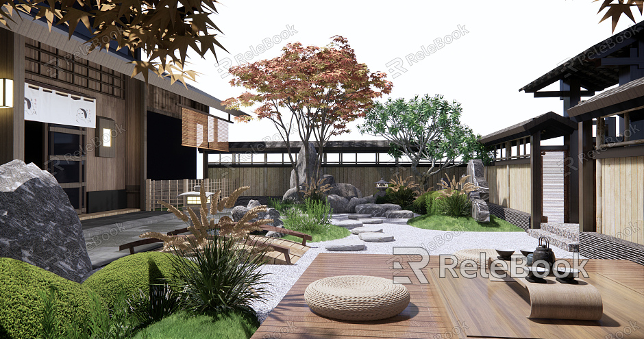 Japanese-style courtyard courtyard landscape dry landscape gardening small landscape stone rockery outdoor tea table and chairs model