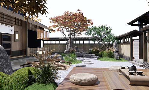 Japanese-style courtyard landscape dry landscape gardening small landscape stone rockery outdoor tea table and chairs 3d model